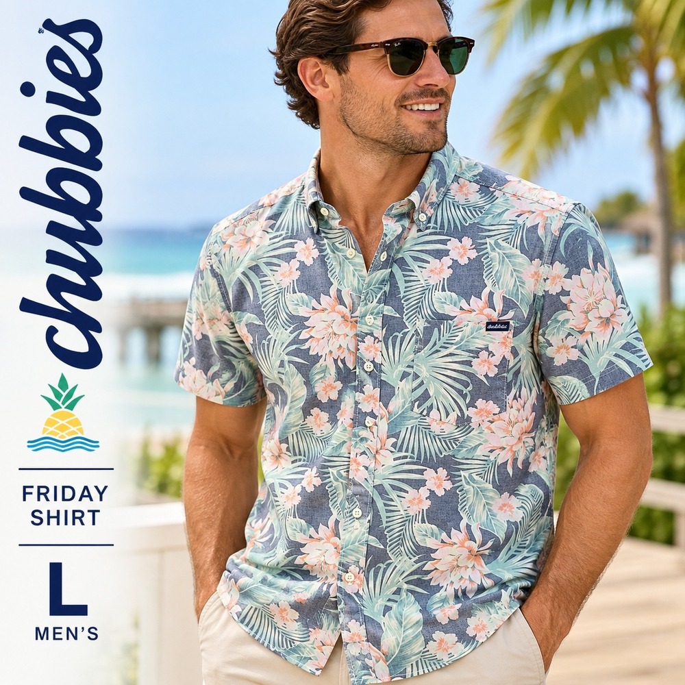 Chubbies The Friday Shirt Mens Large Gray Floral Hibiscus Short Sleeve Button Up
